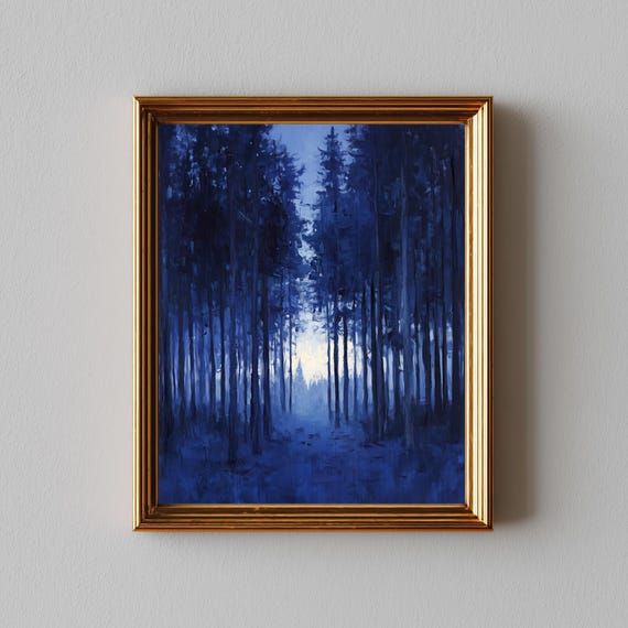 Moody Twilight Pine Forest Minimalist Blue Hour Silhouette Art Deep Monochrome Painting Serene Nature Scene 304
