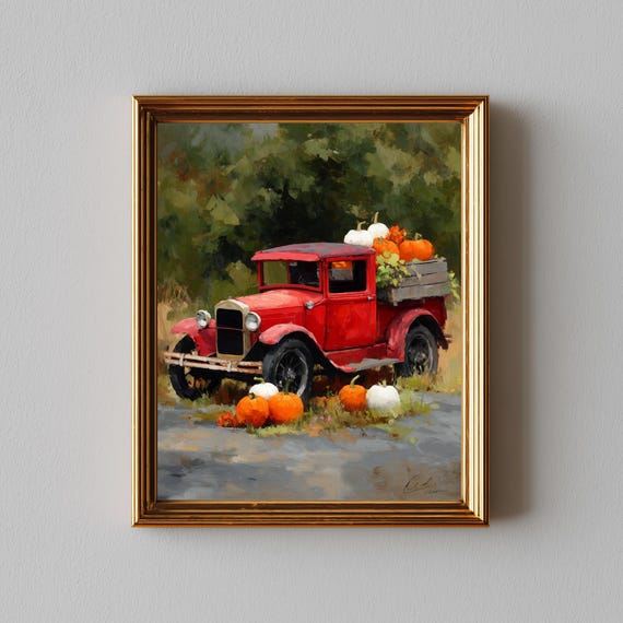 Rustic Red Farm Truck With Pumpkins, Vintage Autumn Landscape Art Print