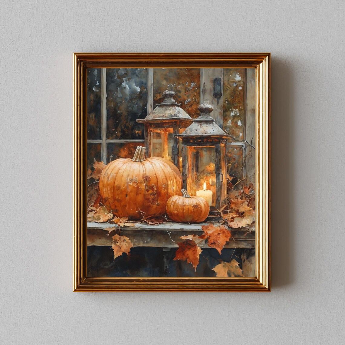 Autumn Pumpkin Lantern Watercolor Art Print, Cozy Fall Decor