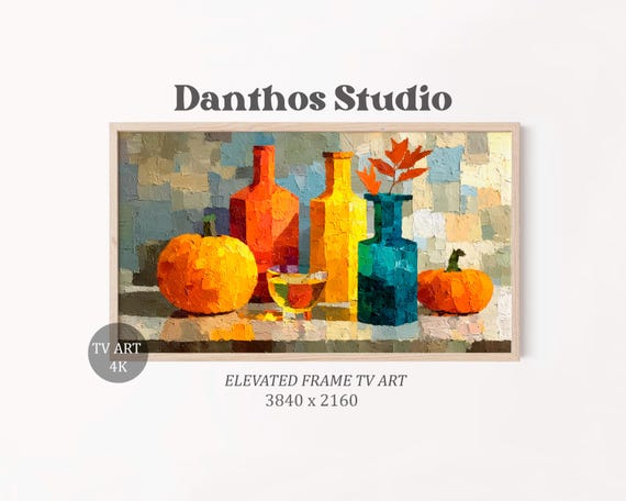 Thanksgiving Cubist Abstract Frame Tv Art Pumpkin Still Life Autumn Wall Decor Festive Harvest Painting Modern Geometric 50