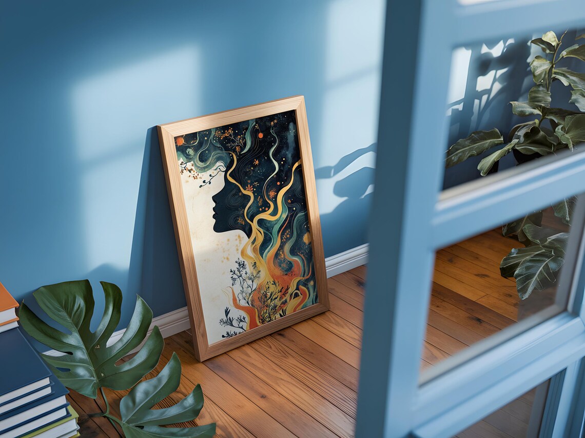 Woman Profile Silhouette Art Print Flowing Teal Gold Waves Decor - Image 4