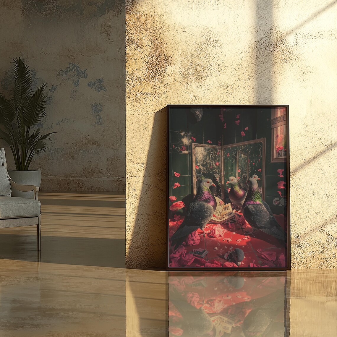 Surreal Pigeons Mirrors Pink Petals Whimsical Bird Fantasy Poster - Image 5