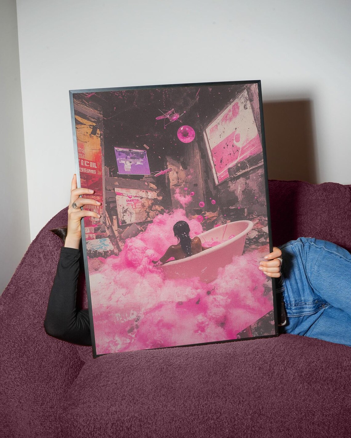 Pink Bath Dreamscape Cyberpunk Woman Neon Urban Fantasy Art Poster