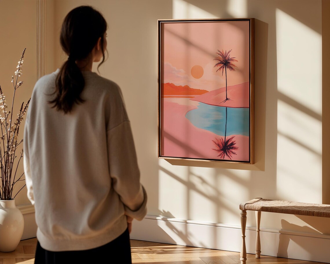 Retro Desert Palm Sunset Reflection Pastel Travel Wall Poster - Image 3