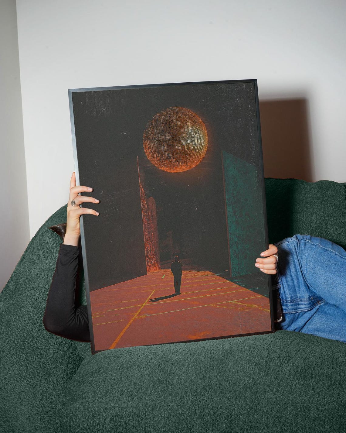 Dark Figure Under Pixelated Orange Moon Liminal Surreal Art Poster