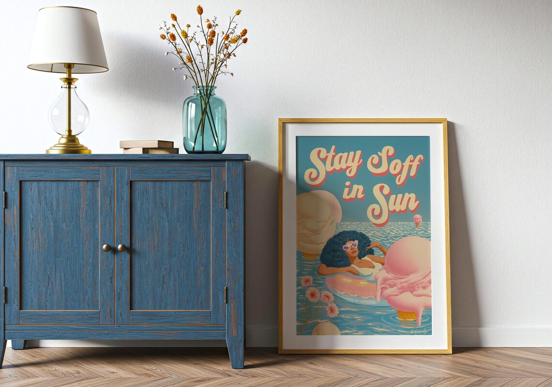 Stay Soft in Sun Pool Float Giant Ice Cream Scoops Retro Summer Girl Wall Art - Image 4