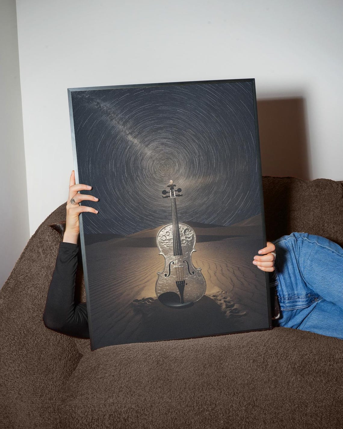 Violin Desert Night Star Trails Celestial Symphony Music Art Poster