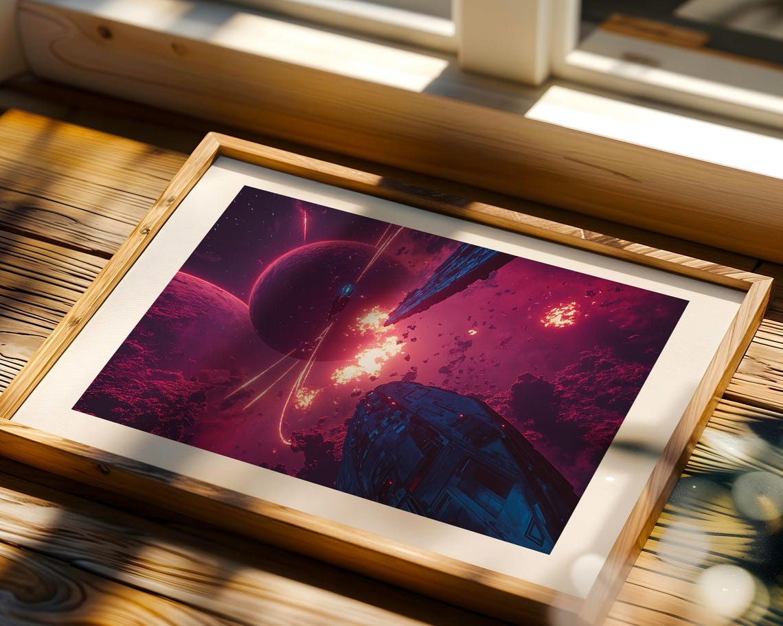 Crimson Nebula Space Battle Spaceship Planet Clash Sci Fi Poster - Image 4