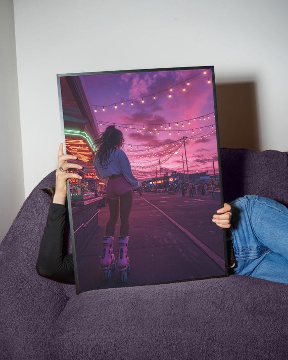 Roller Skater Sunset Art Print Vibrant Evening Stroll Retro Neon Glow Wall