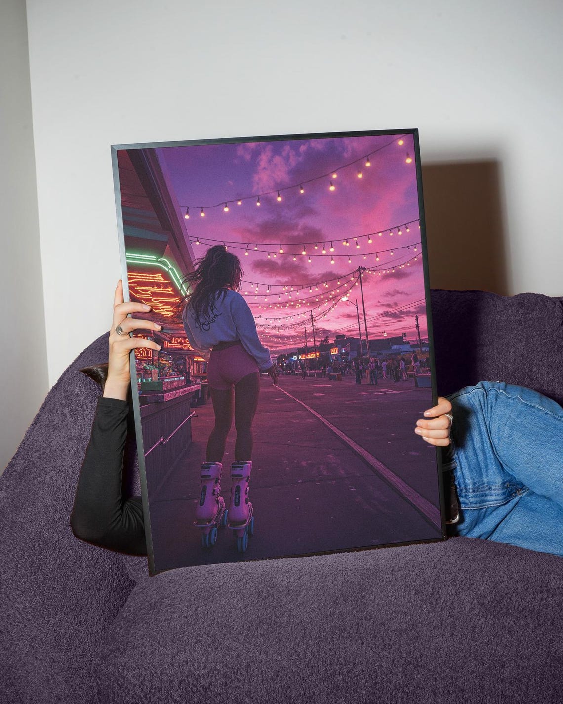 Roller Skater Sunset Boardwalk String Lights Retro Neon Art Poster
