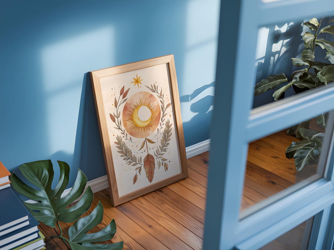 Boho Sun Moon Celestial Art Poster Leaf Wreath Feather Decor - Image 3