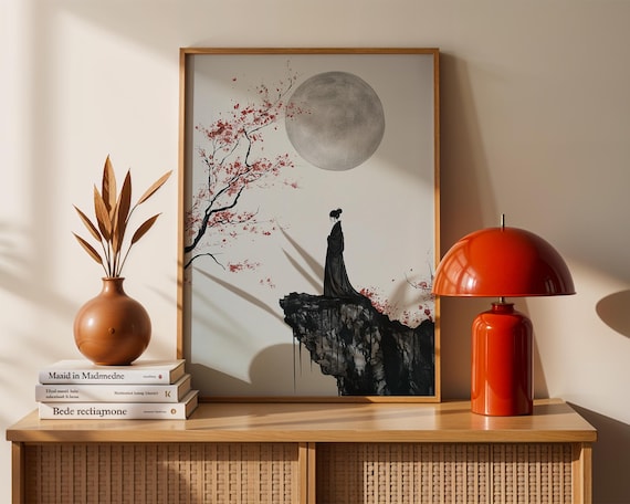 Japanese Moon Samurai Woman Art Print, Zen Minimalist