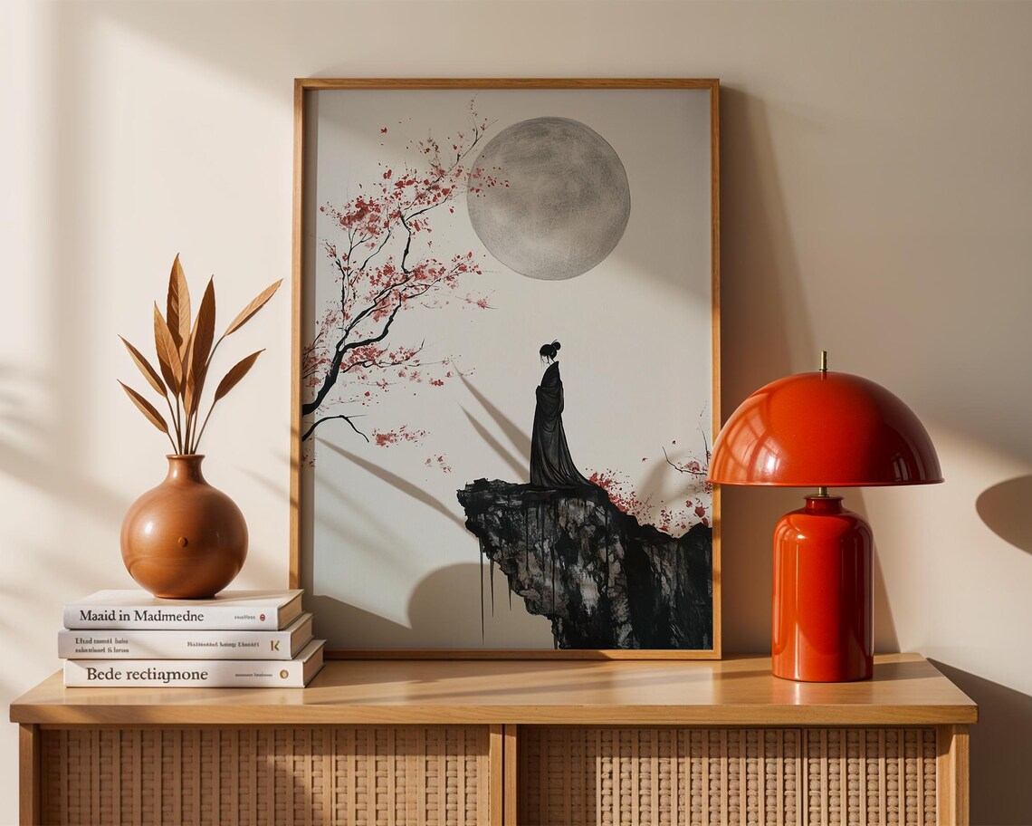 Japanese Moon Samurai Woman Art Print, Zen Minimalist