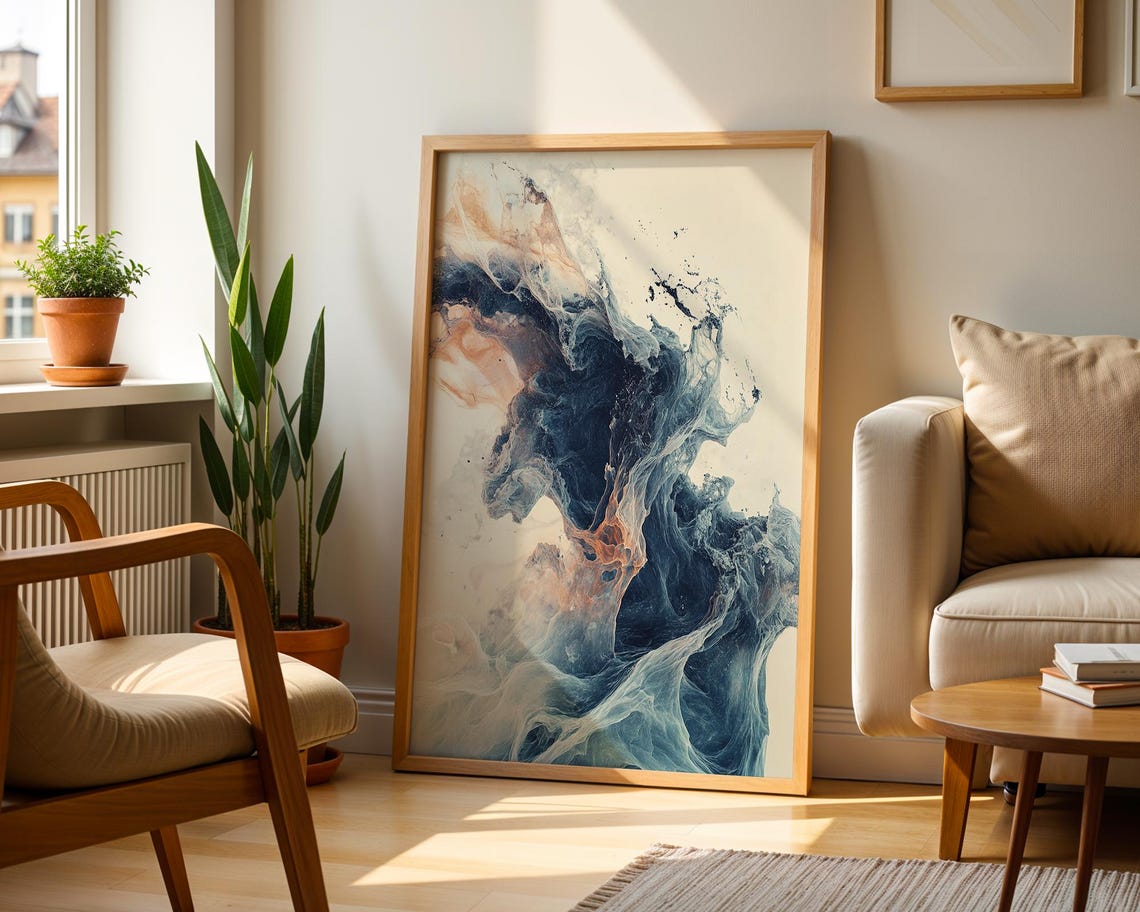 Ethereal Ocean Wave Abstract Fluid Art Navy Blue Coastal Wall Poster - Image 5