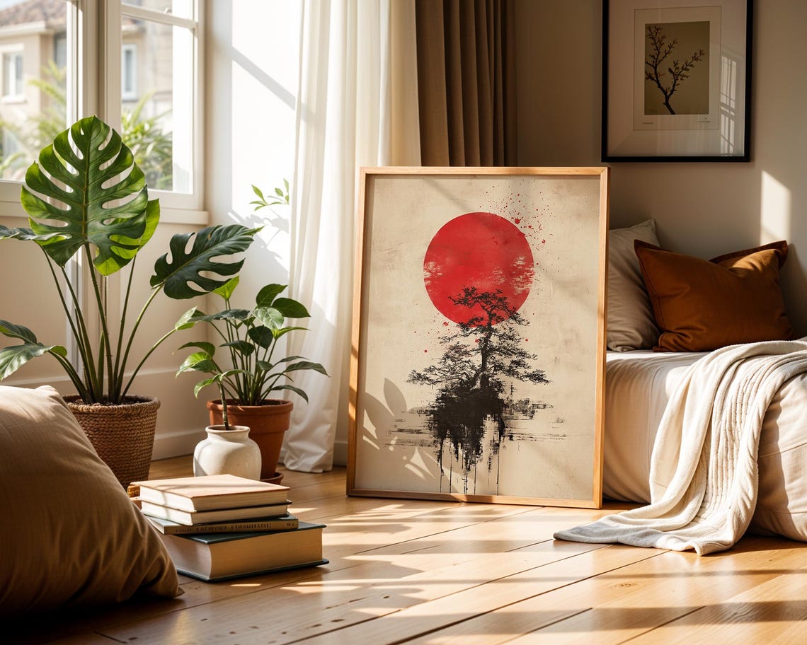 Japanese Sun Art Print, Bonsai Tree Zen Ink Wash - Image 5