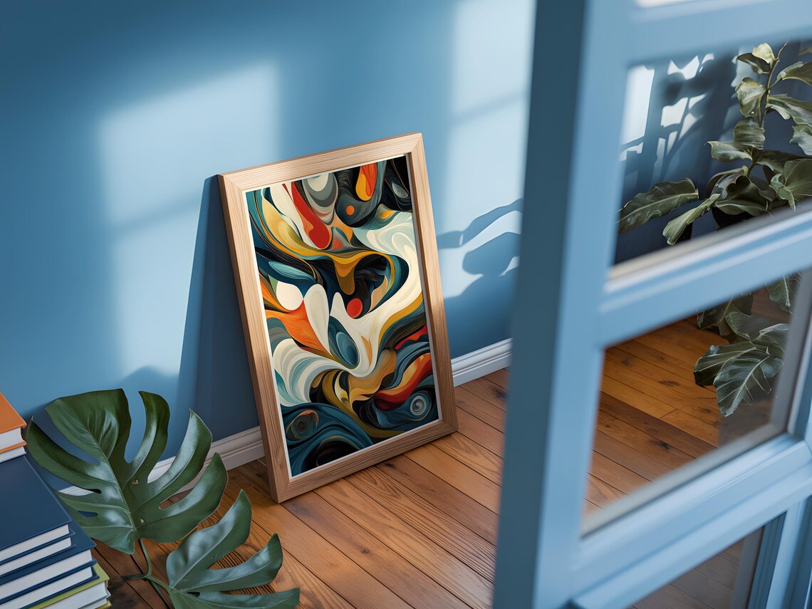 Ebru Marbled Swirl Abstract Teal Orange Fluid Painting Art Poster - Image 3