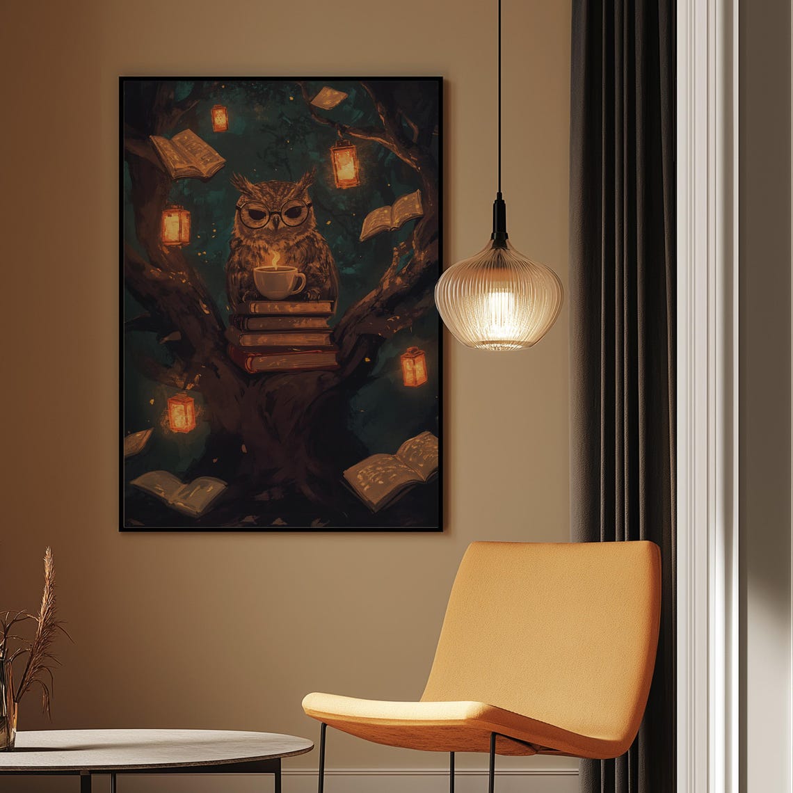 Wise Owl with Glasses Reading Books Among Glowing Lanterns Poster - Image 2