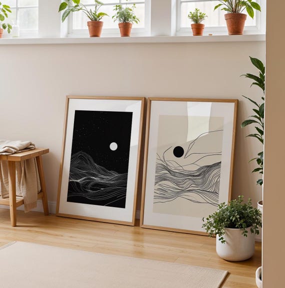 Minimalist Moon Landscape Set Art Print Black White Line Abstract Nature Poster Modern Wall Decor Artwork