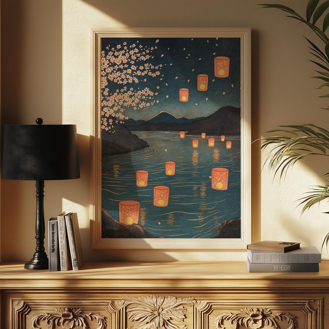 Cherry Blossom Lanterns Art Print Serene Twilight River Scene Japanese Tranquil Night Wall