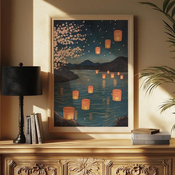 Cherry Blossom Lanterns Art Print Serene Twilight River Scene Japanese Tranquil Night Wall