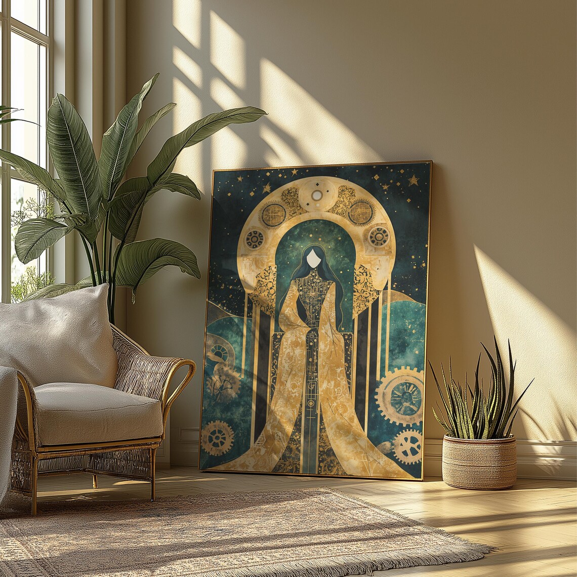 Art Deco Celestial Goddess Art Print Gold Teal Mystical Woman Decor - Image 4