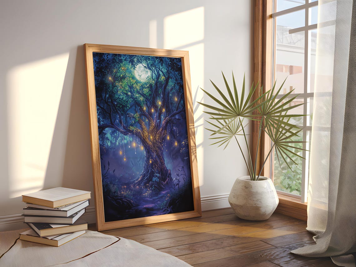 Enchanted Moonlit Ancient Tree with Glowing Lanterns Fantasy Poster - Image 4