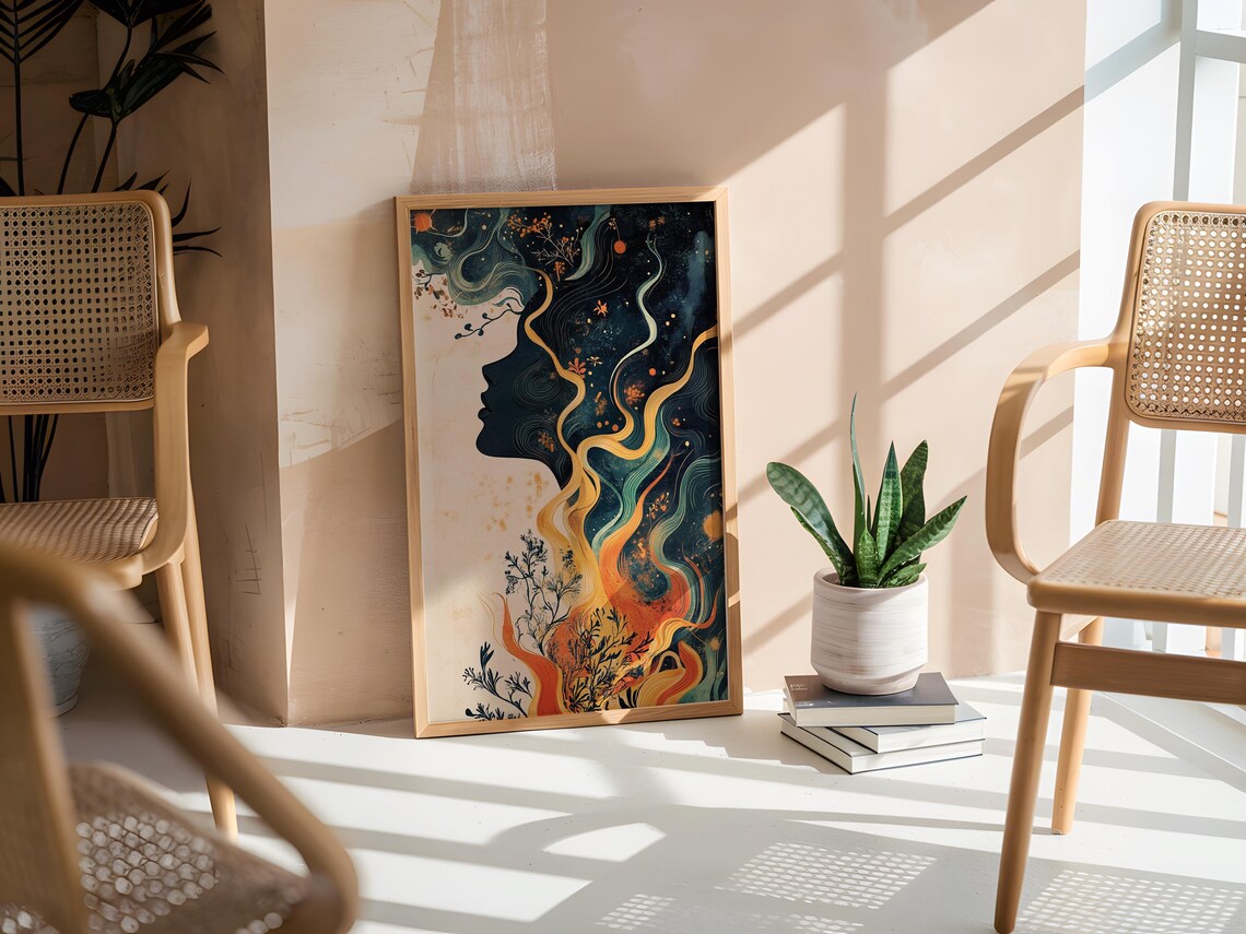 Woman Profile Silhouette Art Print Flowing Teal Gold Waves Decor - Image 2