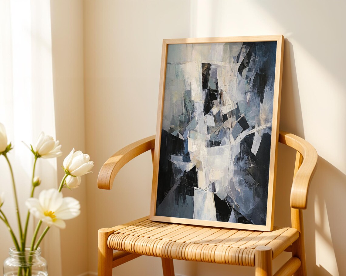 Monochrome Cubist Geometric Abstract Faceted Shapes Painting Poster - Image 2