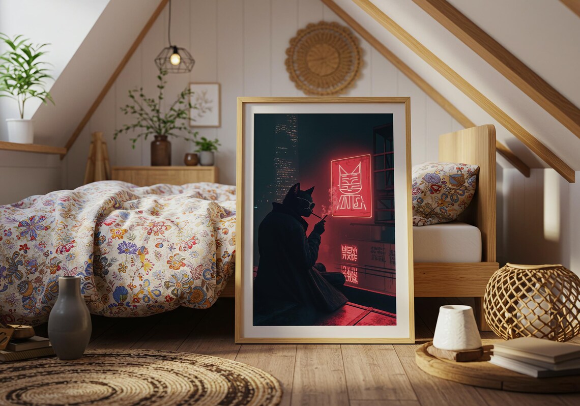 Cyber Noir Cat Detective Neon Sign Red Street Cool Feline Art Poster - Image 4