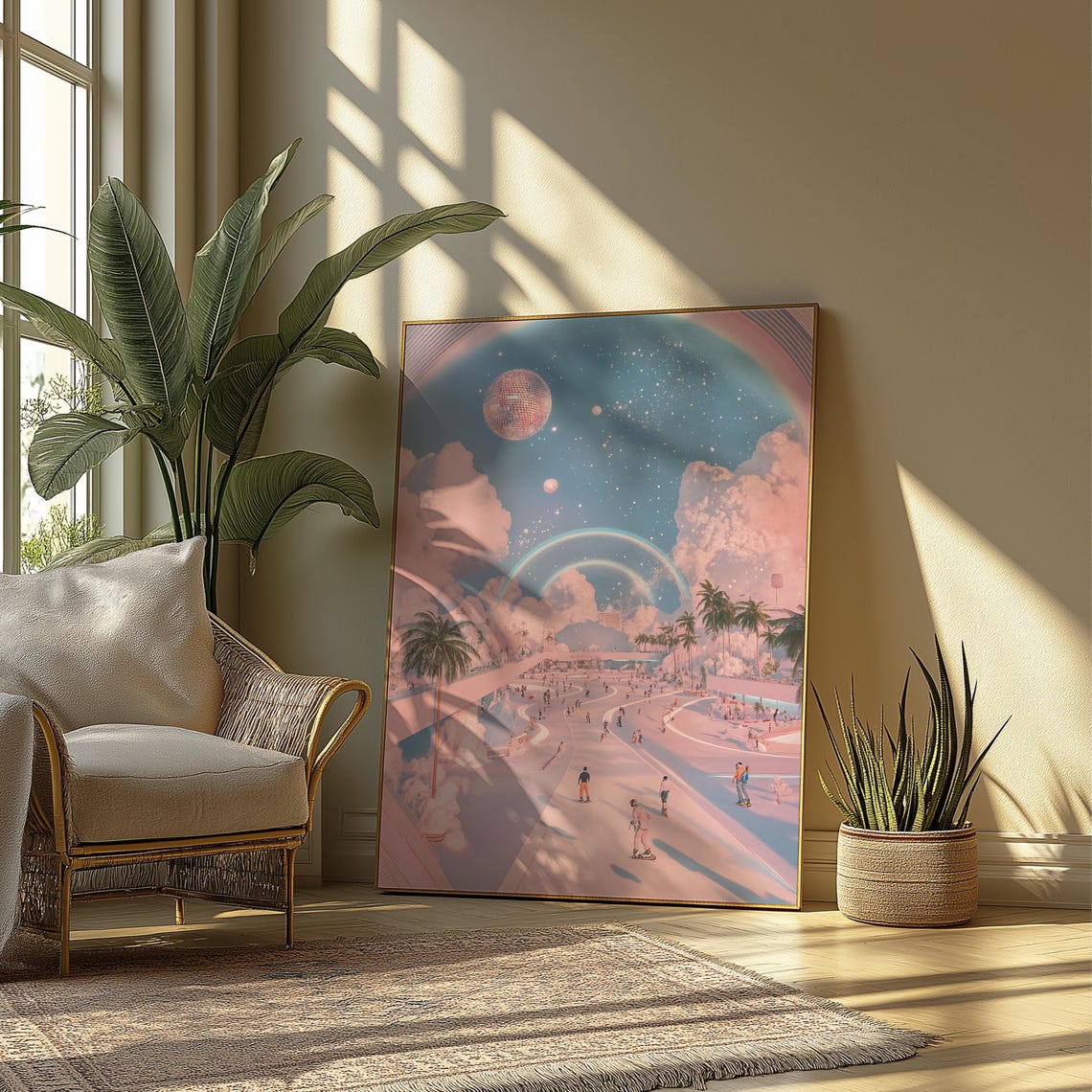 Dreamy Skatepark Pink Clouds Disco Ball Moon Surreal Wall Poster - Image 2