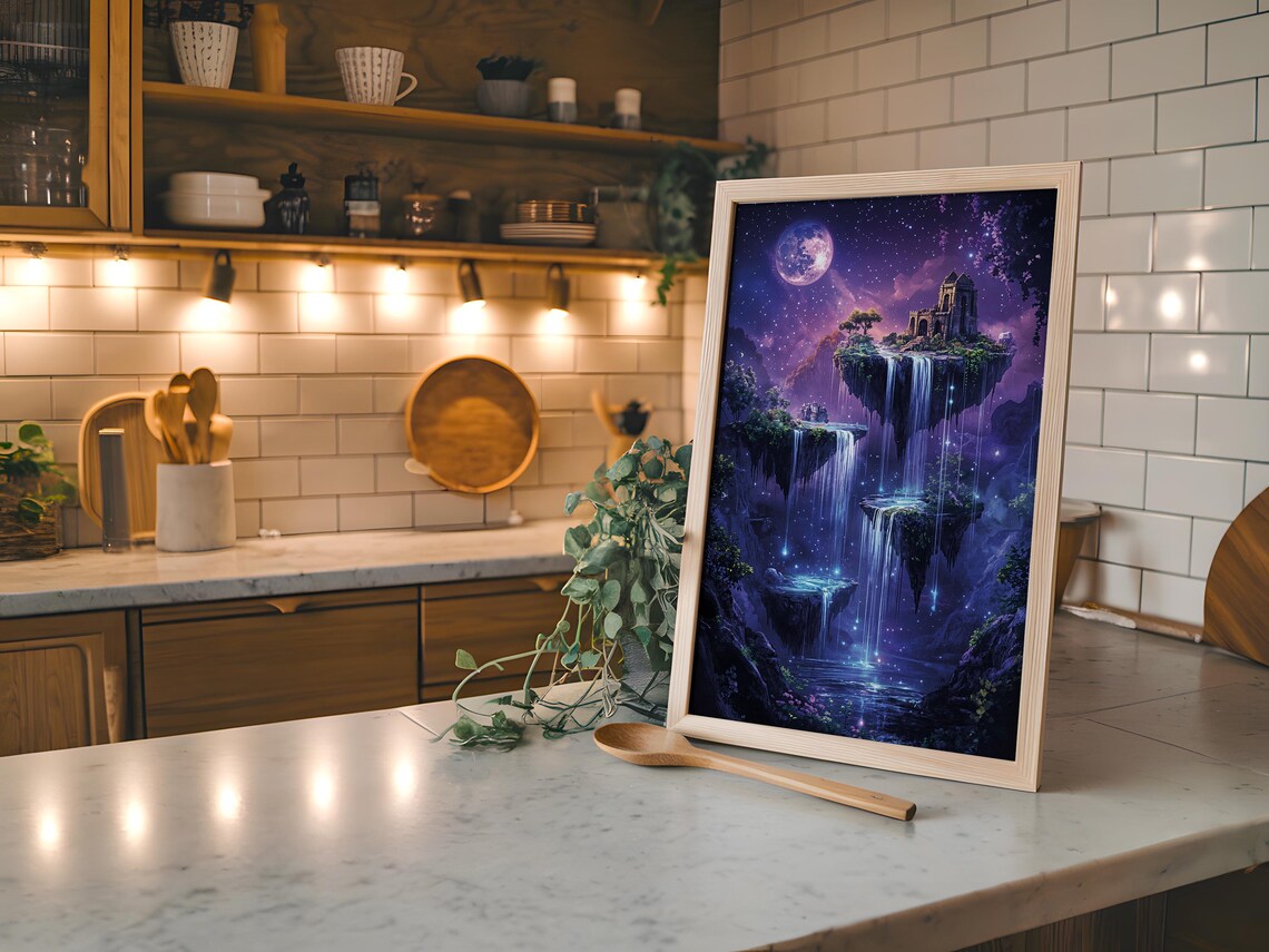 Floating Island Castle Waterfalls Purple Night Fantasy Poster - Image 3