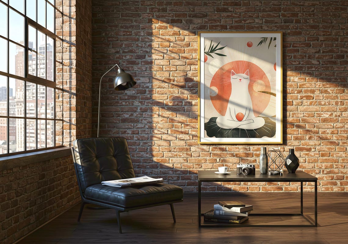 White Cat in Lotus Meditation Pose with Red Sun and Leaves Art Poster - Image 2