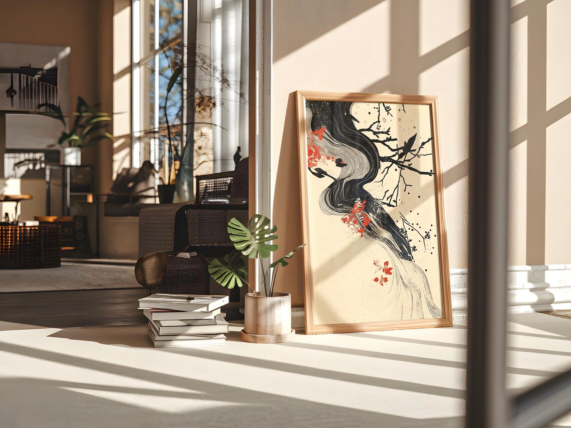 Japanese Ink Woman Profile Red Blossoms Flowing Hair Art Poster - Image 2