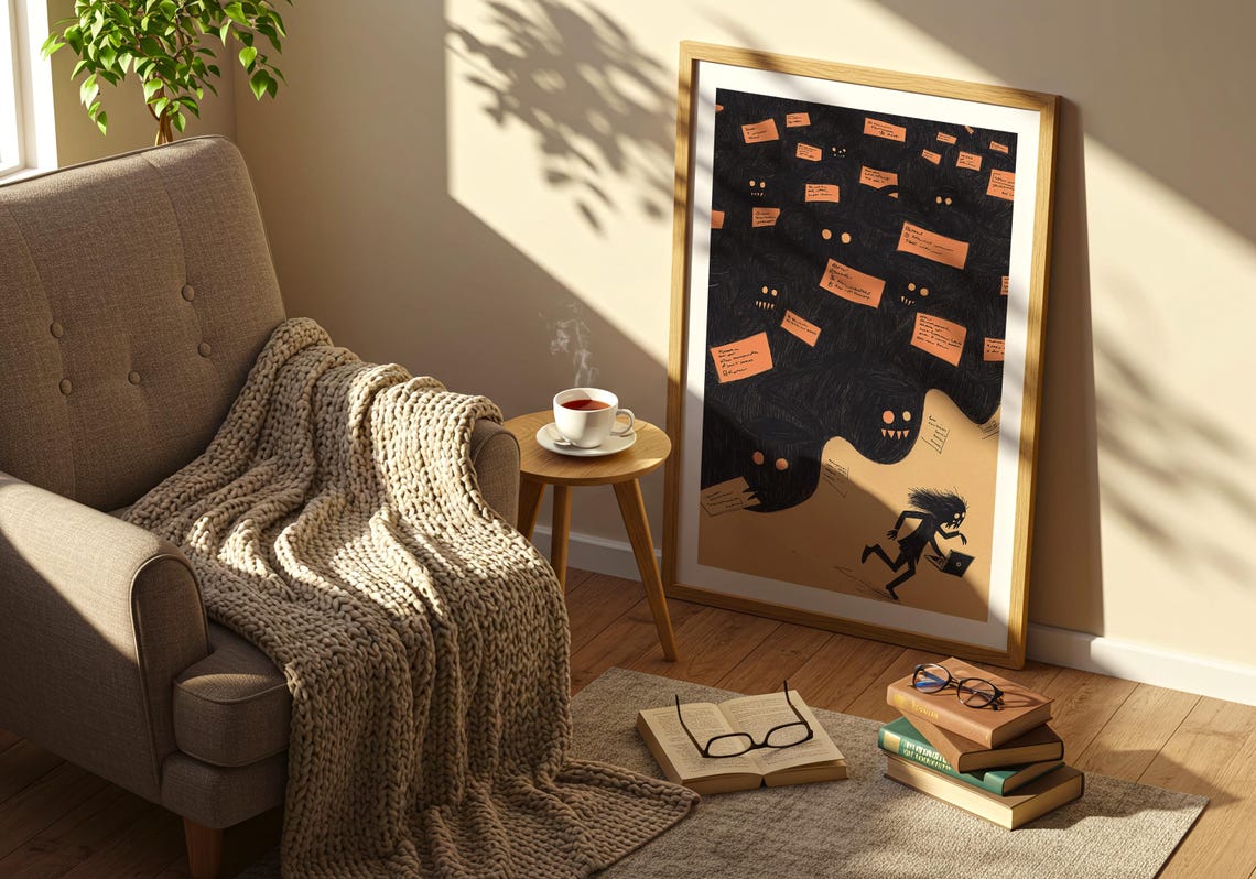 Overwhelmed Work Anxiety Monster Swarm Funny Laptop Runner Art Poster - Image 3