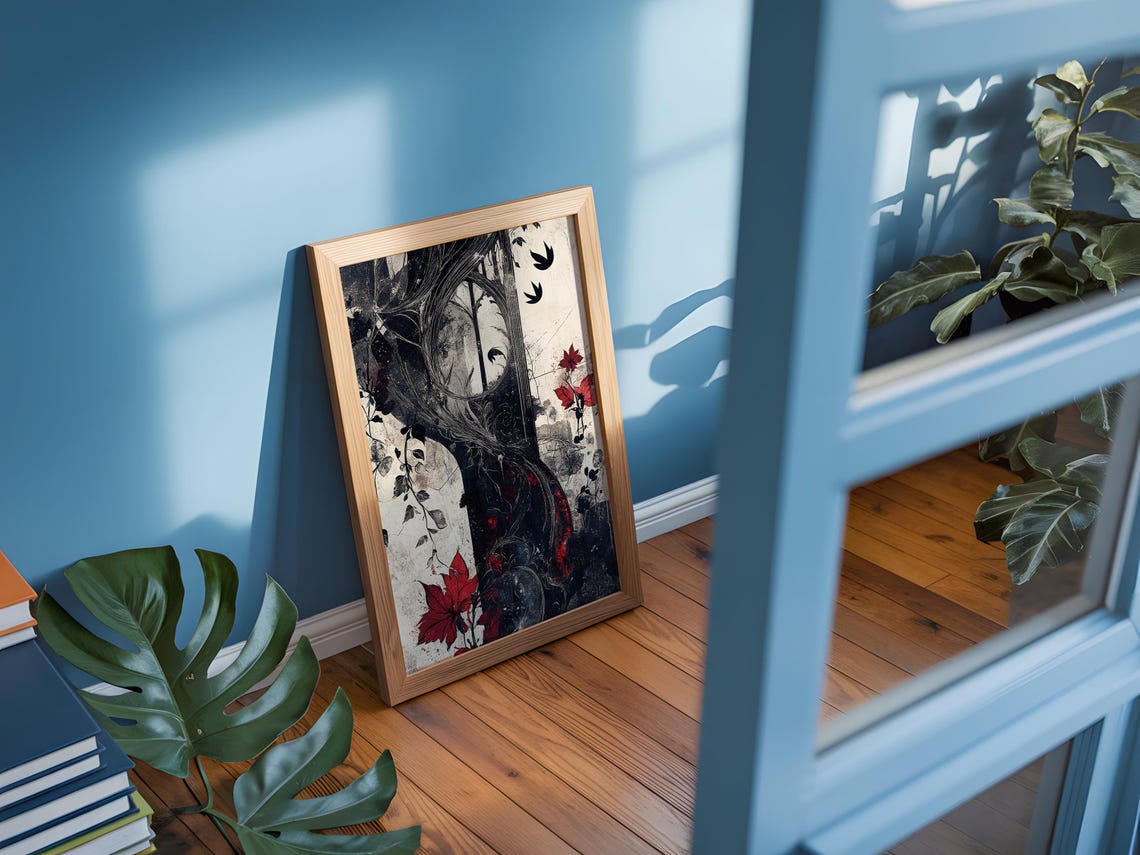Gothic Window Dark Vine Art Print Red Flower Grunge Botanical - Image 4