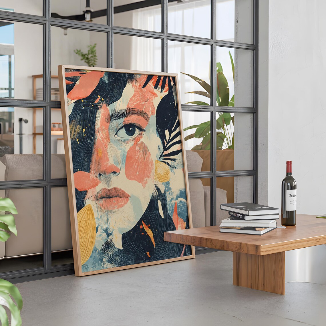 Expressive Woman Face Abstract Art Print Coral Navy Brushstroke - Image 5