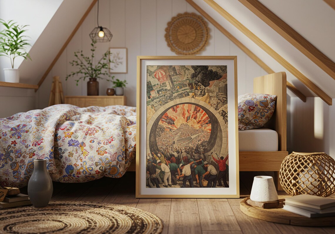 Industrial Workers Revolution Mural Style Labor Crowd Rising Sun Vintage Wall Art - Image 4