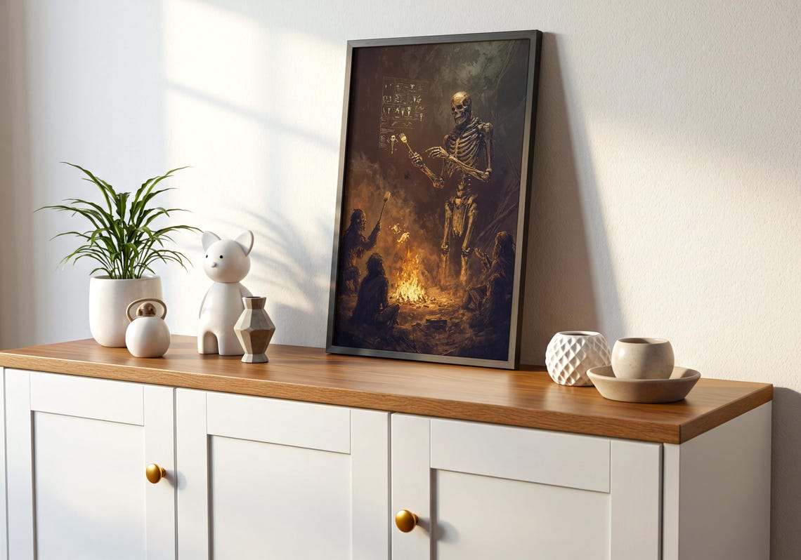 Skeleton Teaching Cavemen Art Print Funny Evolution Wall Surreal Campfire Poster - Image 2