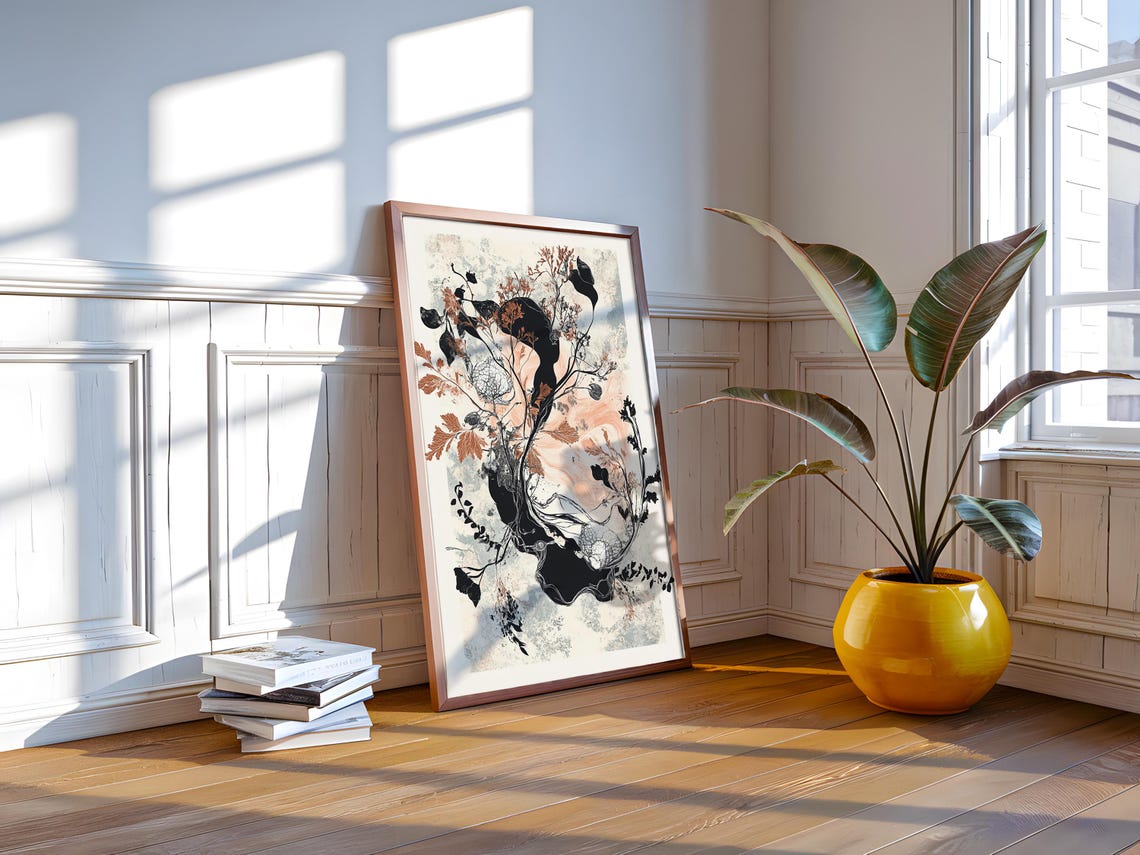 Black Copper Botanical Ink Art Poster Elegant Floral Branch Decor - Image 2