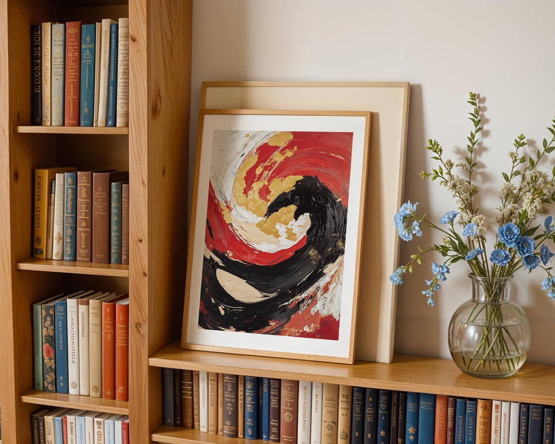 Bold Red Black and Gold Swirl Abstract Expressionist Painting Poster - Image 2