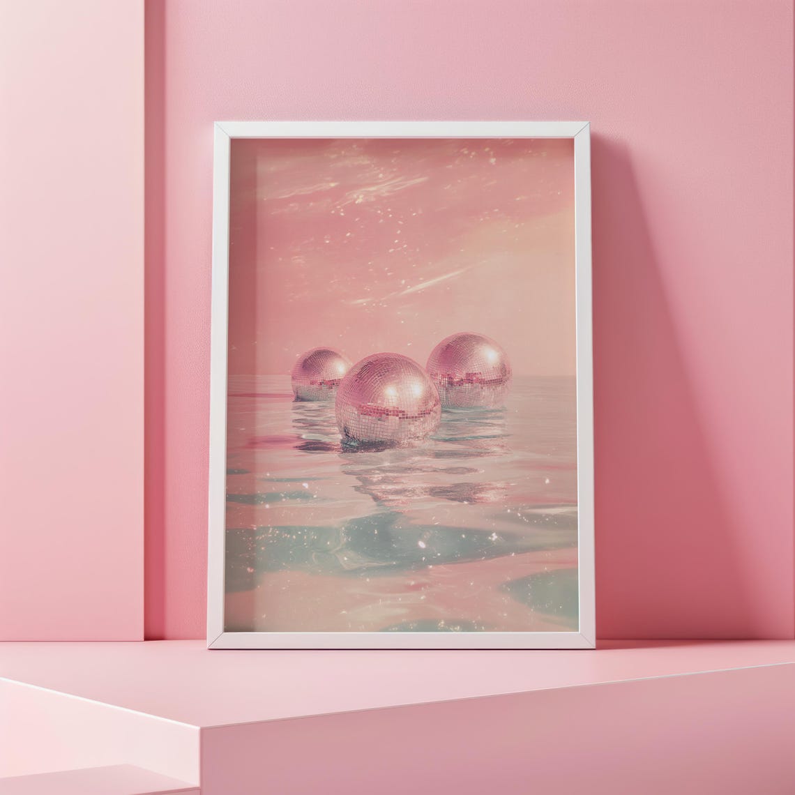 Dreamy Pink Disco Balls Floating on a Calm Sparkling Ocean Poster - Image 2