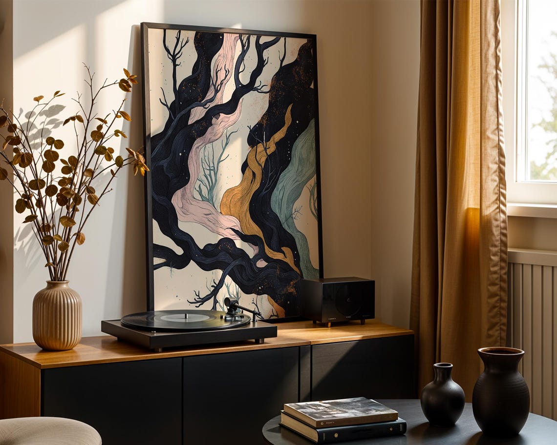Dark Twisted Tree Branch Abstract Art Print Navy Gold Blush Tones - Image 4
