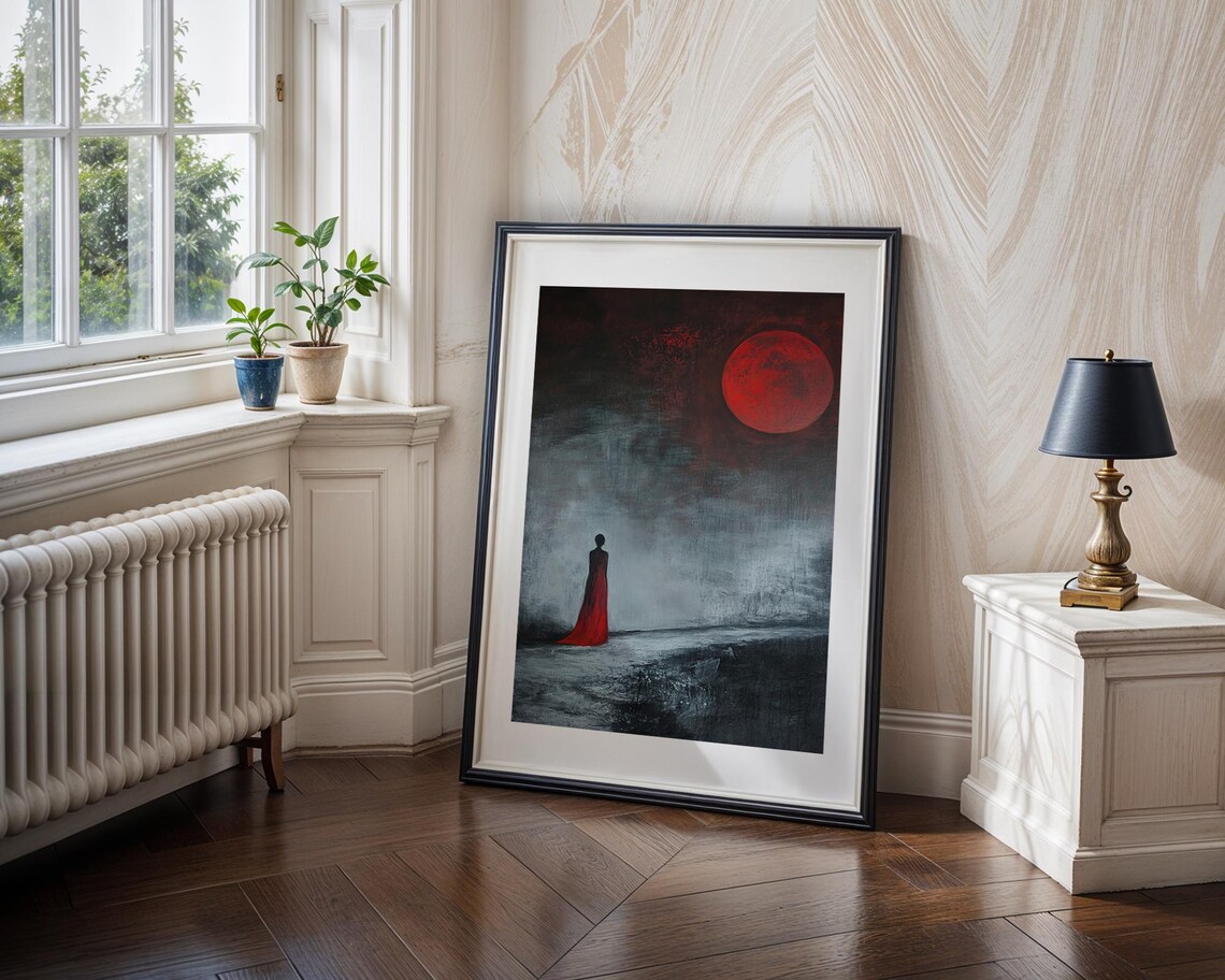 Dark Fantasy Red Moon Gothic Surreal Lonely Woman Art Poster - Image 2