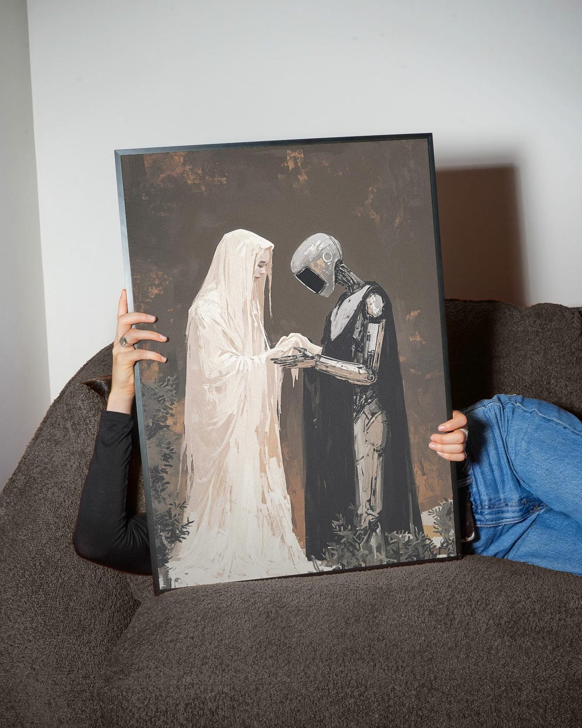 Ghostly Veiled Figure Holding Hands with a Cloaked Robot Art Poster