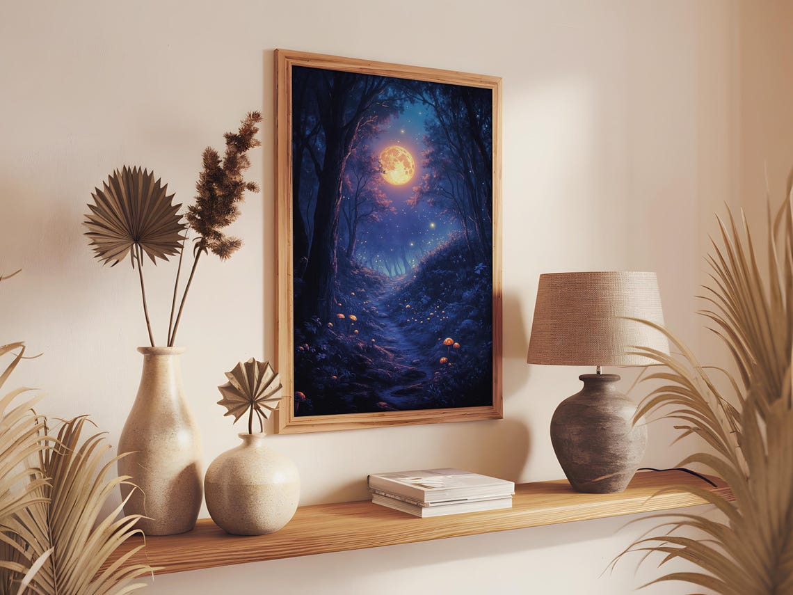 Enchanted Forest Giant Orange Moon Glowing Mushroom Path Poster - Image 5