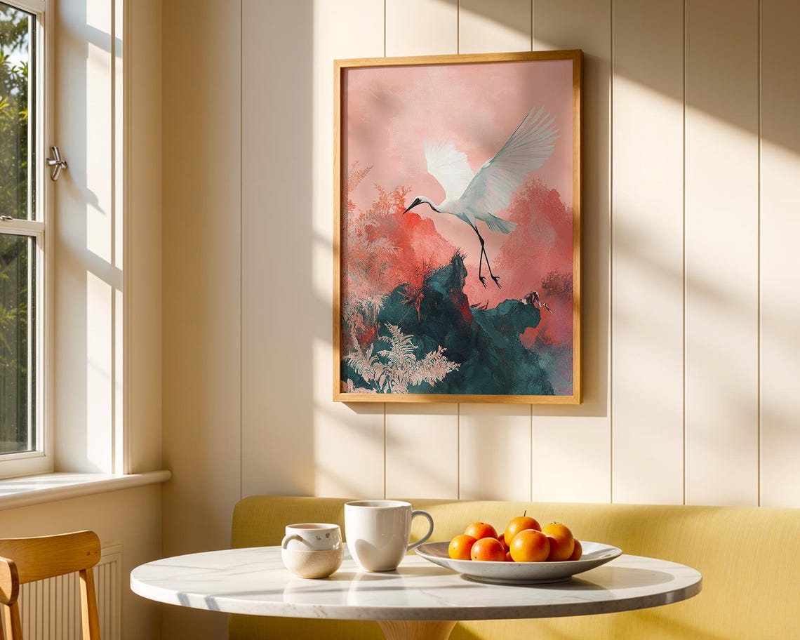 White Crane Flight Pink Watercolor Elegant Bird Art Wall Poster - Image 5