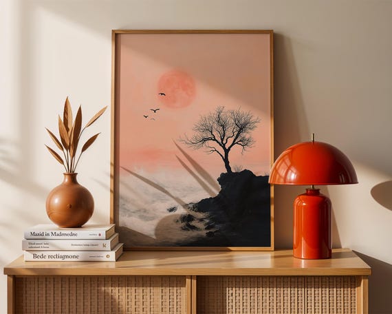 Moody Seascape Art Print Pink Moon Waves Wall Minimalist Coastal Poster Dramatic Ocean Nature Decor