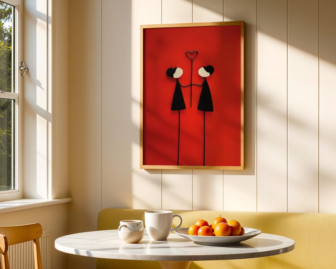 Red Background Stylized Couple Heart Modern Love Wall Poster - Image 5