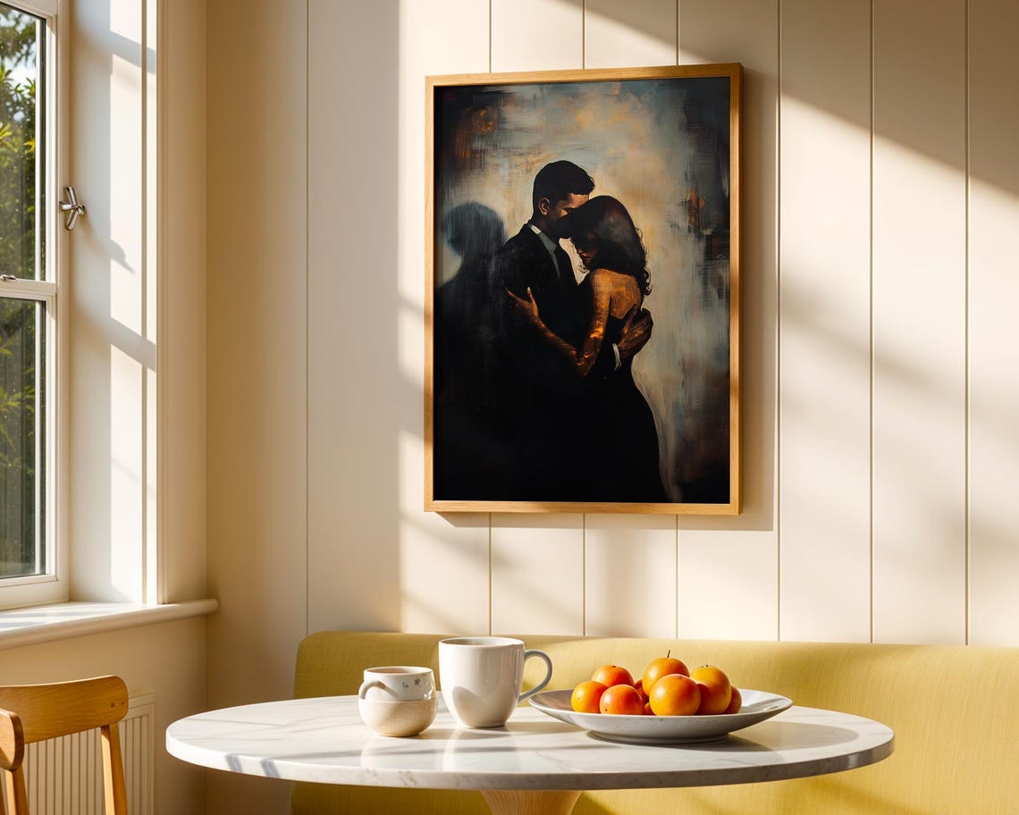 Romantic Couple Embrace Moody Painterly Dark Love Wall Poster - Image 5