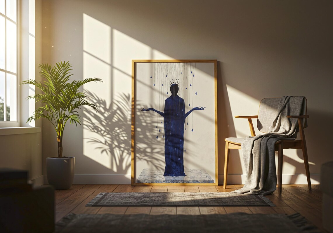 Blue Silhouette Figure Gentle Rain Minimalist Emotional Poster - Image 5